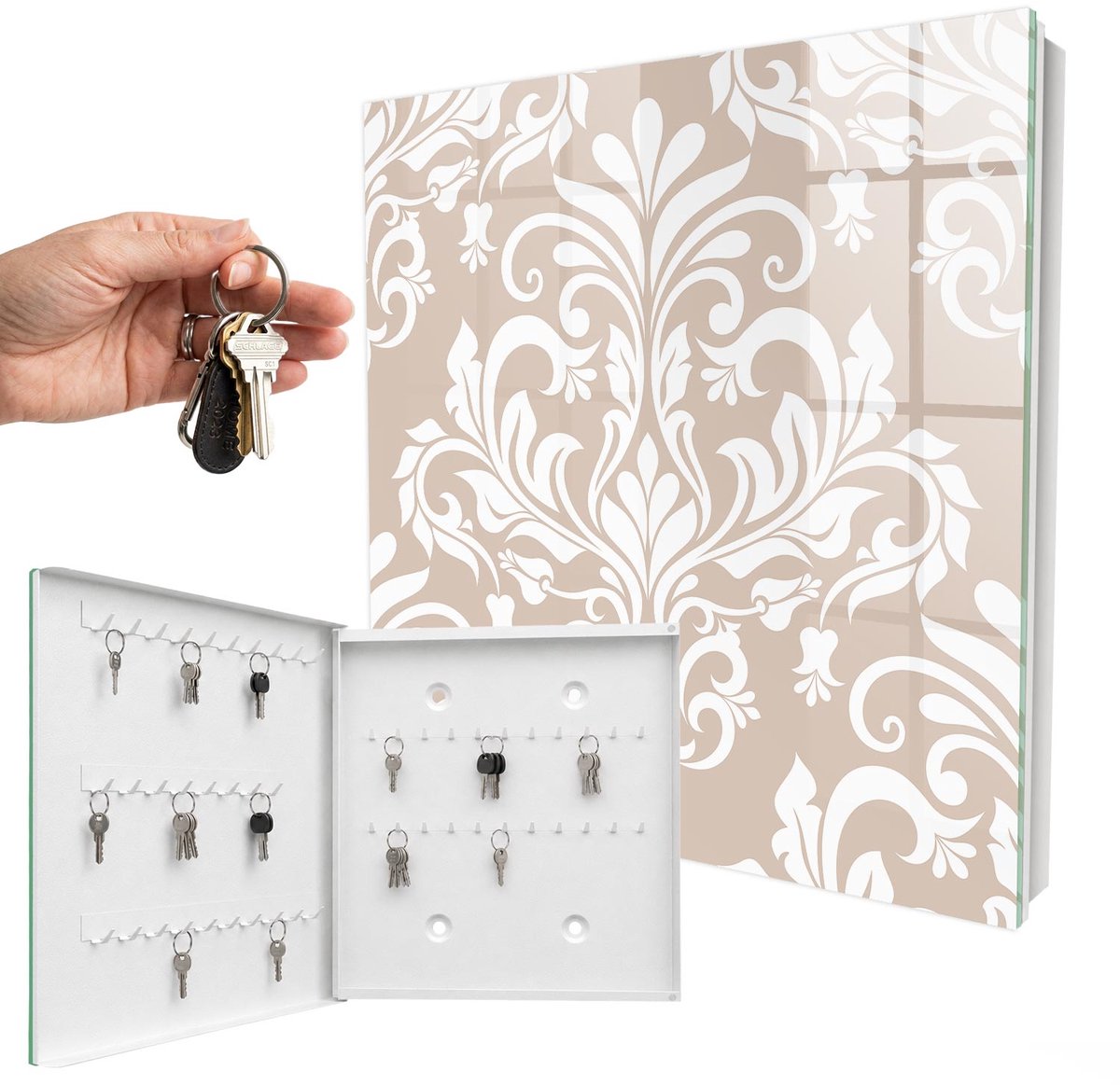 WallMuralia - Sleutelkast - 30x30x5 cm - met 50 haken - Elegante Symmetrie Sleutelkastje Klein - Beige Sleutelbox - Linksopenend - Wit interieur