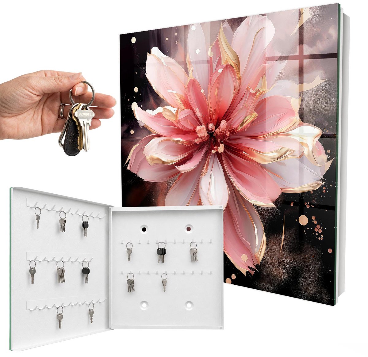 WallMuralia - Sleutelkast - 30x30x5 cm - met 50 haken - Roze Bloem Sleutelkastje Industrieel - Roze Sleutelbox - Linksopenend - Wit interieur