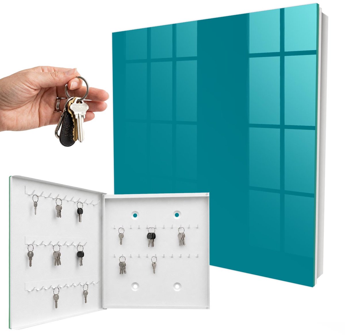 WallMuralia - Sleutelkast - 30x30x5 cm - met 50 haken - Koel Turkoois Sleutelkastje Huis - Turkoois Sleutelbox - Linksopenend - Wit interieur