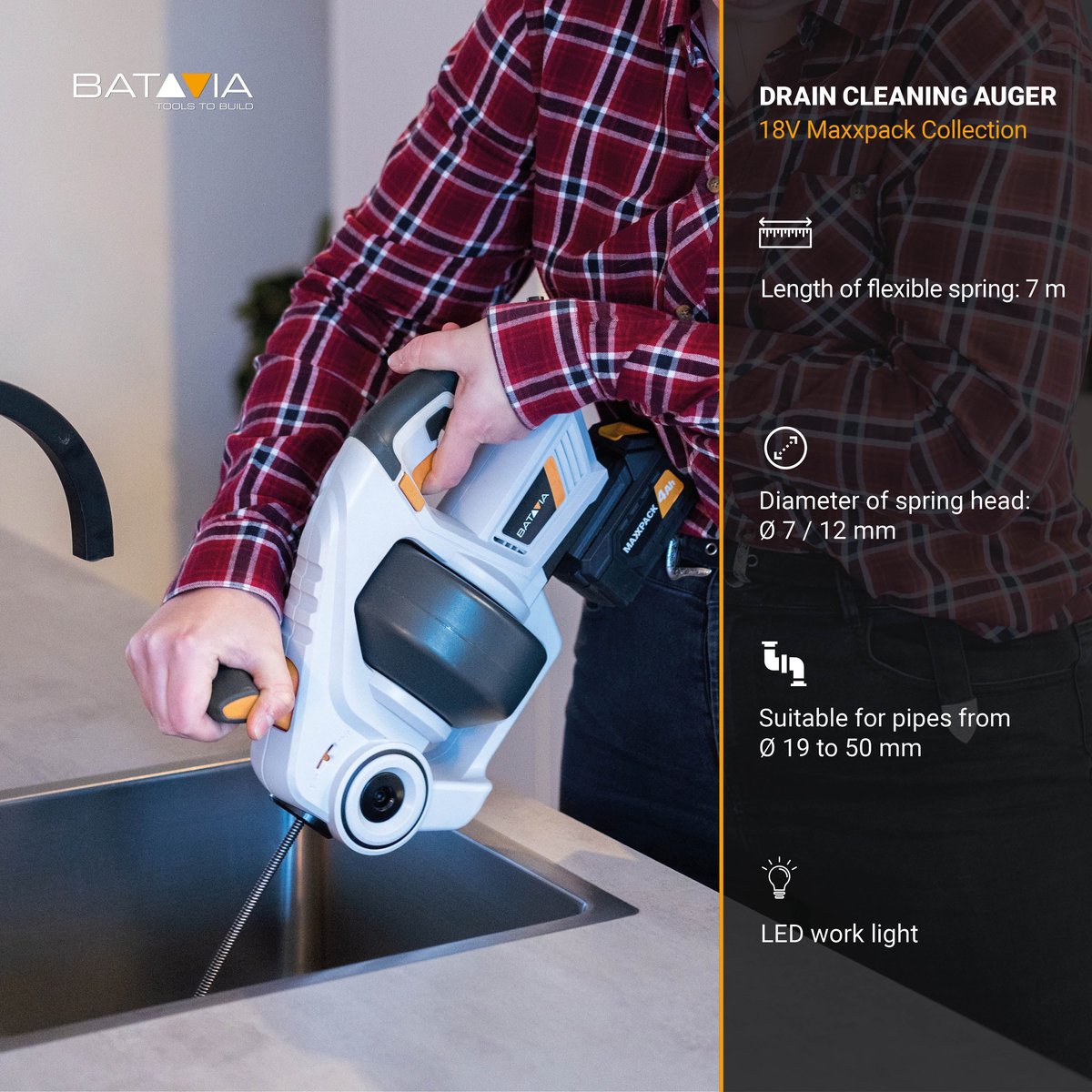 Batavia 18V Accu Ontstoppingsveer 6.8 m Incl. 4.0Ah Accu & Snellader