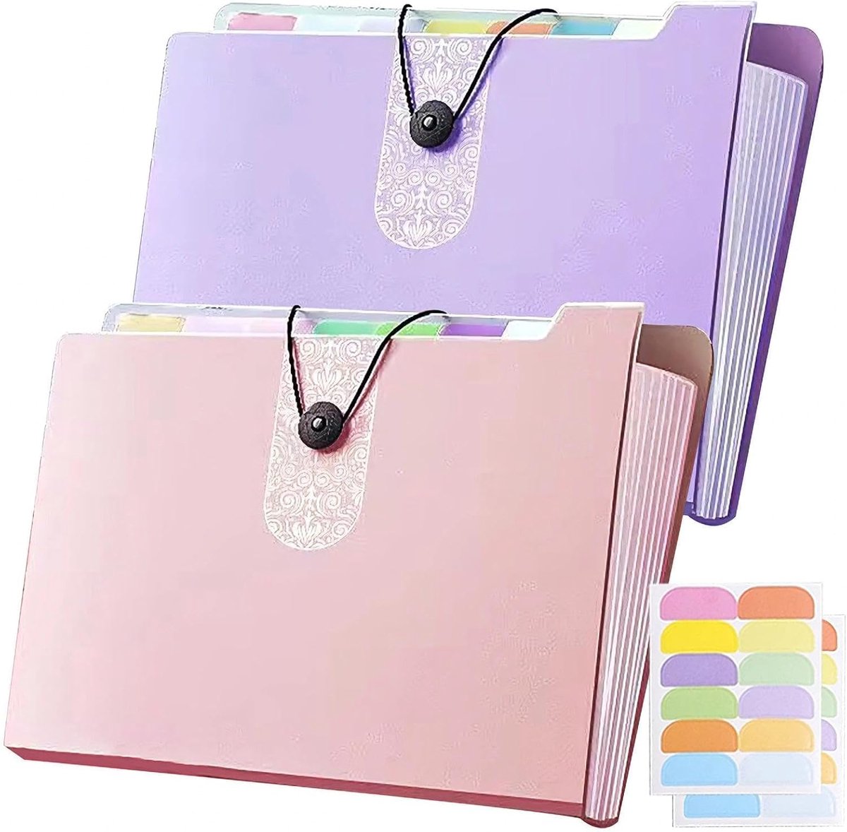 Bobypet - Set van 2 Accordéon Map A4 met 8 Vakken - Bloemenprint Documenten Organiser met Tabbladen & Drukknop Sluiting - Portable Papier Opbergmap voor Kantoor, School en Reizen - Roze en Paars