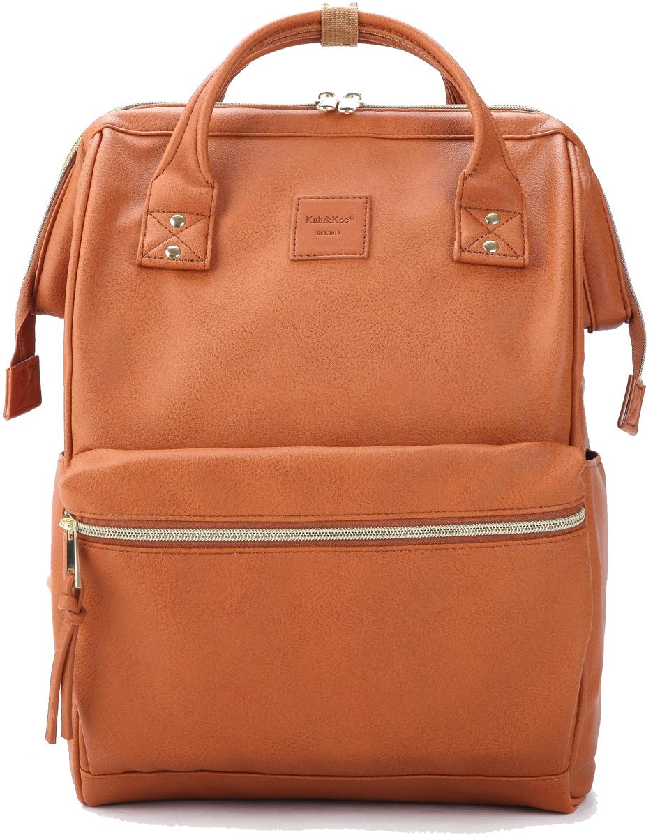 SnelShoppen - Lederen Rugzak voor Reizen en School - Waterdichte Laptop Rugzak voor Vrouwen en Mannen - Groot, Kameel - Luiertas met Stijl
