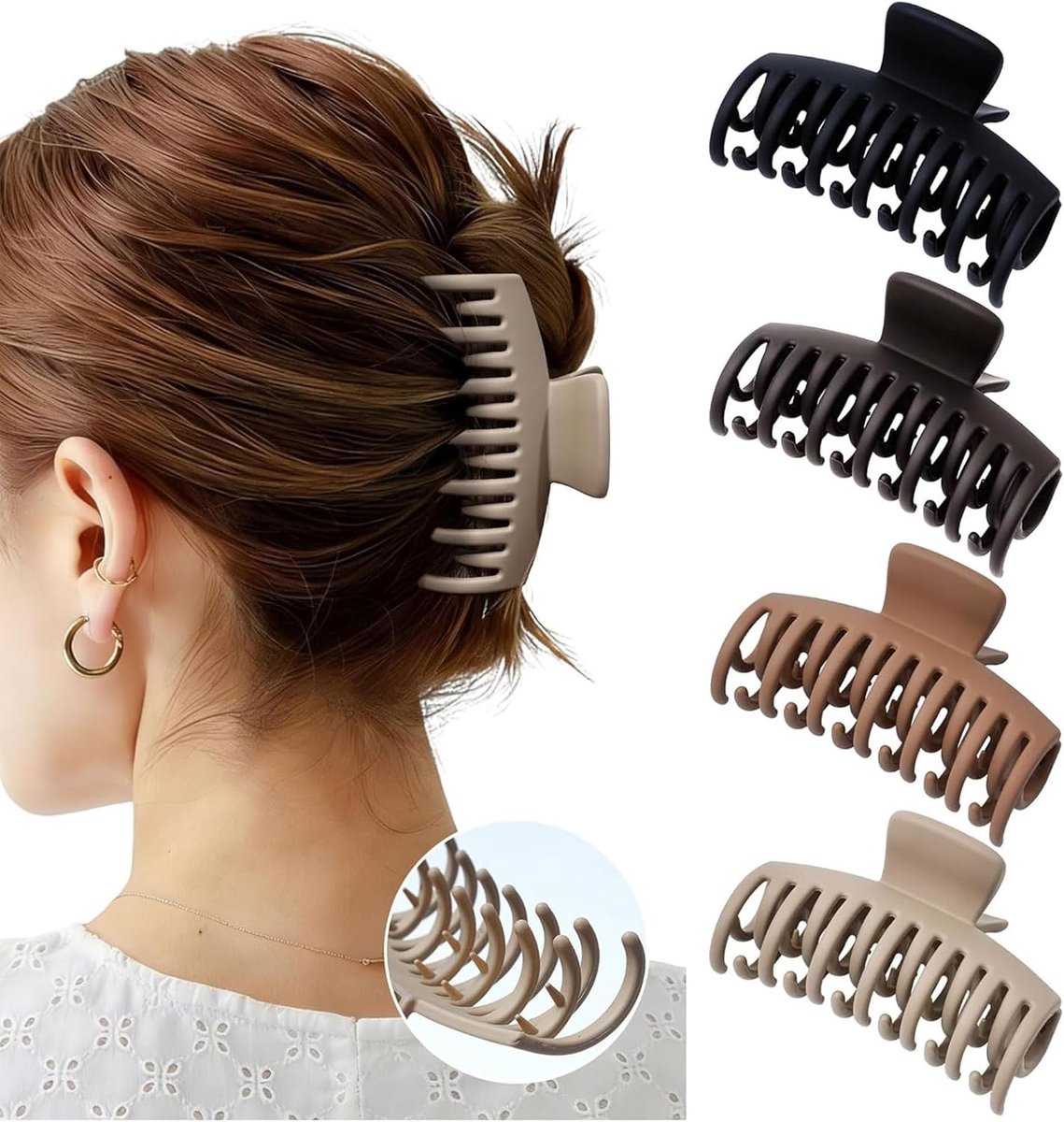 Grote Haarklemmen voor Dik Haar, Matte Haarclips voor Dames, 4 Stuks in Beige, Bruin, Koffie en Zwart, Ideaal voor Dagelijks Gebruik en Kantoor