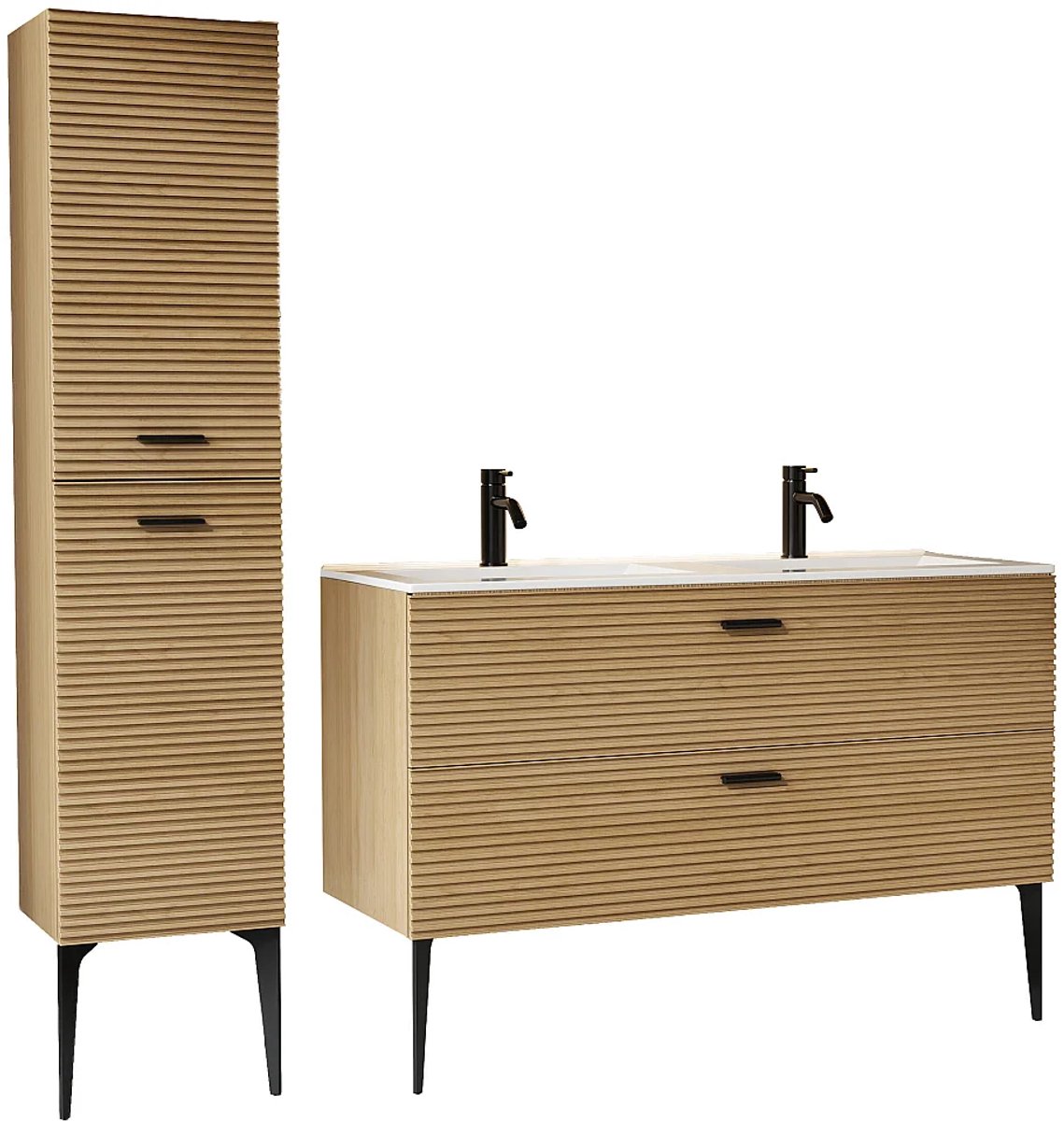 Vente-unique Geribbeld badkamermeubel op poten met inbouwwastafel, kraan en kolomkast - 2 lades - Licht naturel - 120 cm - SARONE