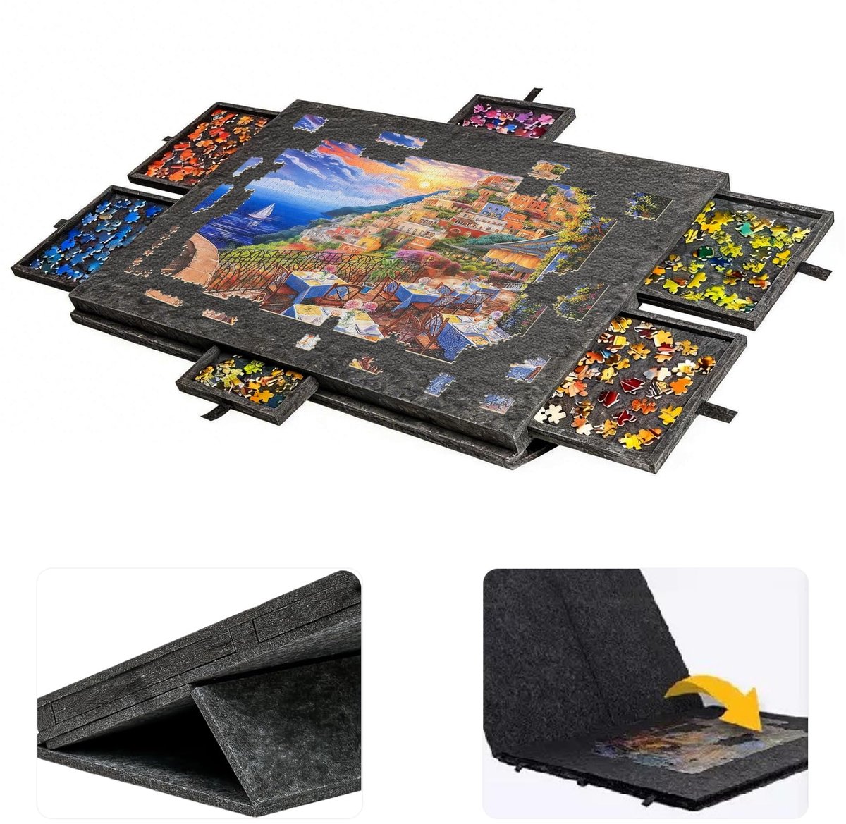 SnelShoppen - Puzzeltafel Draagbare Puzzelschaal met 6 Laden en Afdekking, Lichte Vilten Puzzelbord voor 1500 Stukjes, Puzzelen voor Volwassenen, Zwar