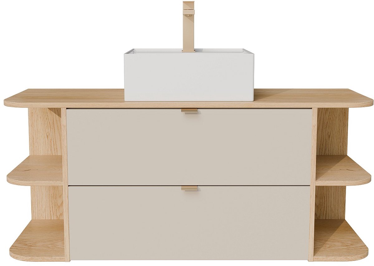 Vente-unique Zwevend badkamermeubel met nissen, vierkante opbouwwastafel, kraan en spiegel - Beige en natuurlijk Licht - 120 cm LAVENA