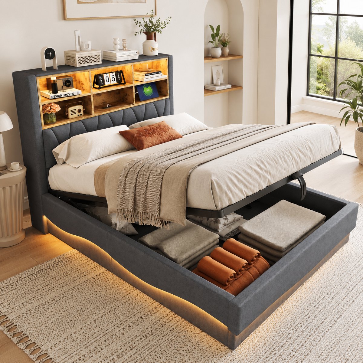 Tweepersoonsbed 140x200 cm - Gestoffeerd bed - Multifunctioneel bed - Met LED-lampen en USB-oplaadpoort - Met opbergruimte - Grijs