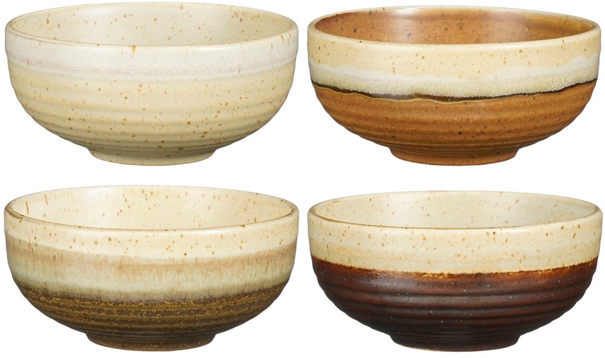 Mica Decorations Kommen Set 4 Stuks - Schaaltjes Set van Steengoed - Ontbijtkommen, Dessertkommen en Snackkommen - Ø11 x 5,5 cm - Aardetinten