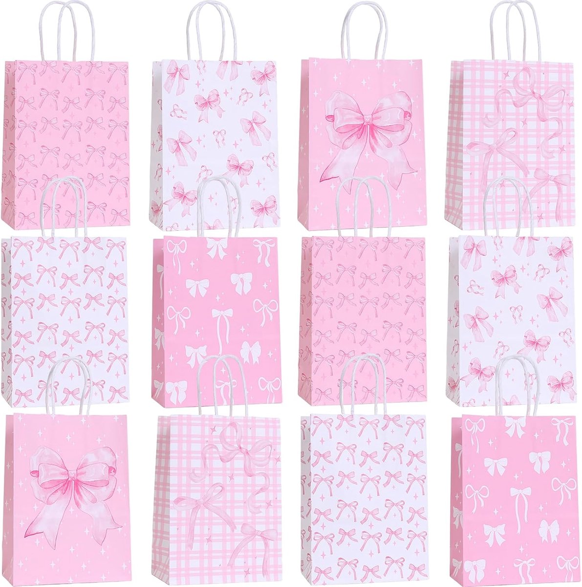 SnelShoppen - 12 Stuks Roze Papieren Geschenkzakjes met Strik - Kleine Snoepzakjes voor Verjaardagsfeestjes, Prinsessenfeest, Feestdecoratie, Cadeauve