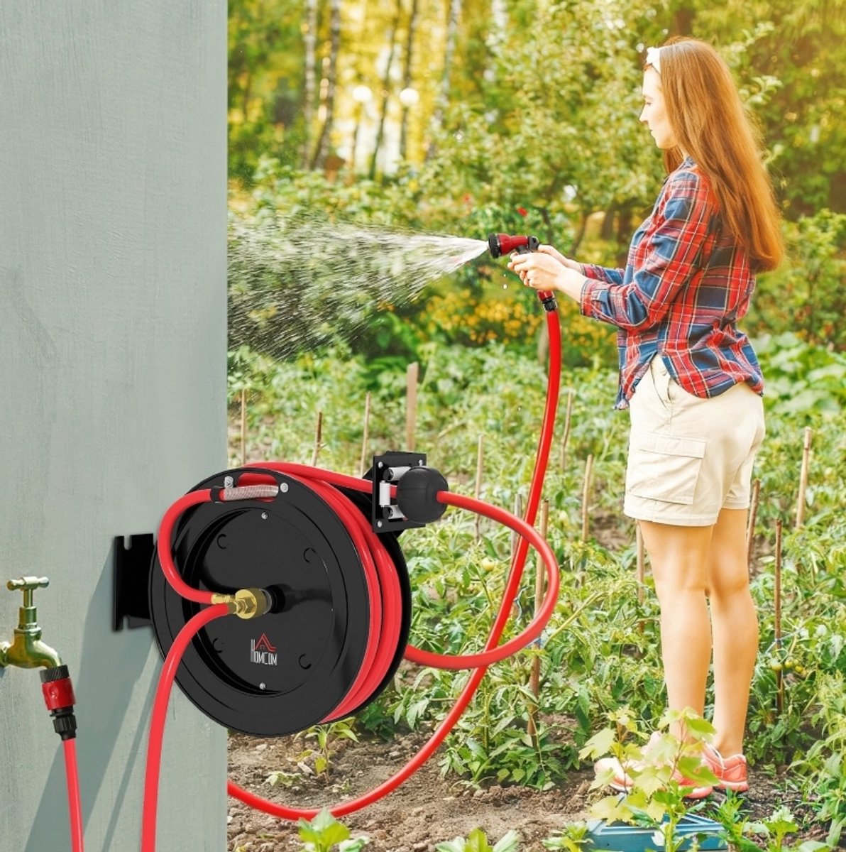 COVREO Tuinslanghaspel 40,5 x 11,5 x 44 cm, rood zwart, metaal, automatische terugtrekking