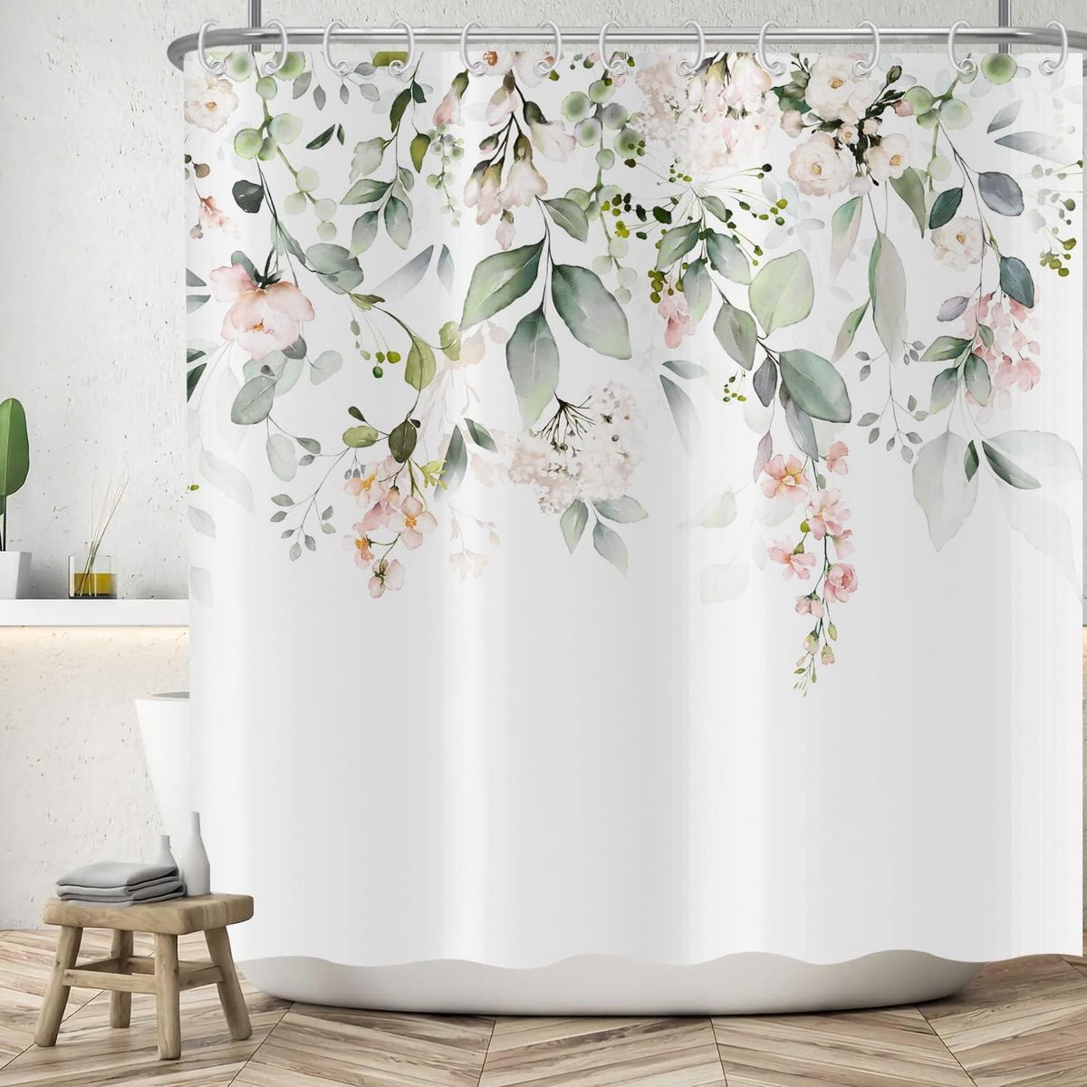 SnelShoppen - Floral Douchegordijn 180x200cm, Handgeschilderde Rozenbloemen met Groene Bladeren, Wasbaar Polyester Waterdicht Douche Gordijn voor Badk