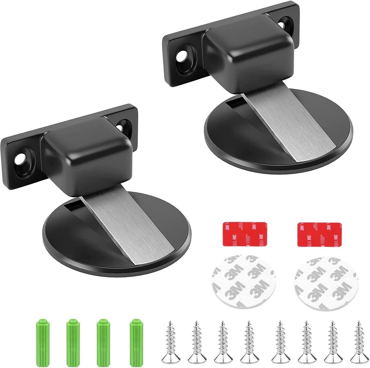 SnelShoppen - 2 Stuks Magnetische Metaal Deurstopper - Onzichtbare Bodem Deurbeugel voor Vloermontage - Inclusief Lijm en Schroeven (Zwart)