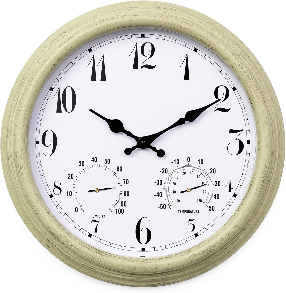 SnelShoppen - Tuindecoratie Buiten, Weerbestendige Tuinklok 38 cm met Thermometer en Vochtigheidsindicator, Beige, Perfect voor Terras, Veranda, Badka