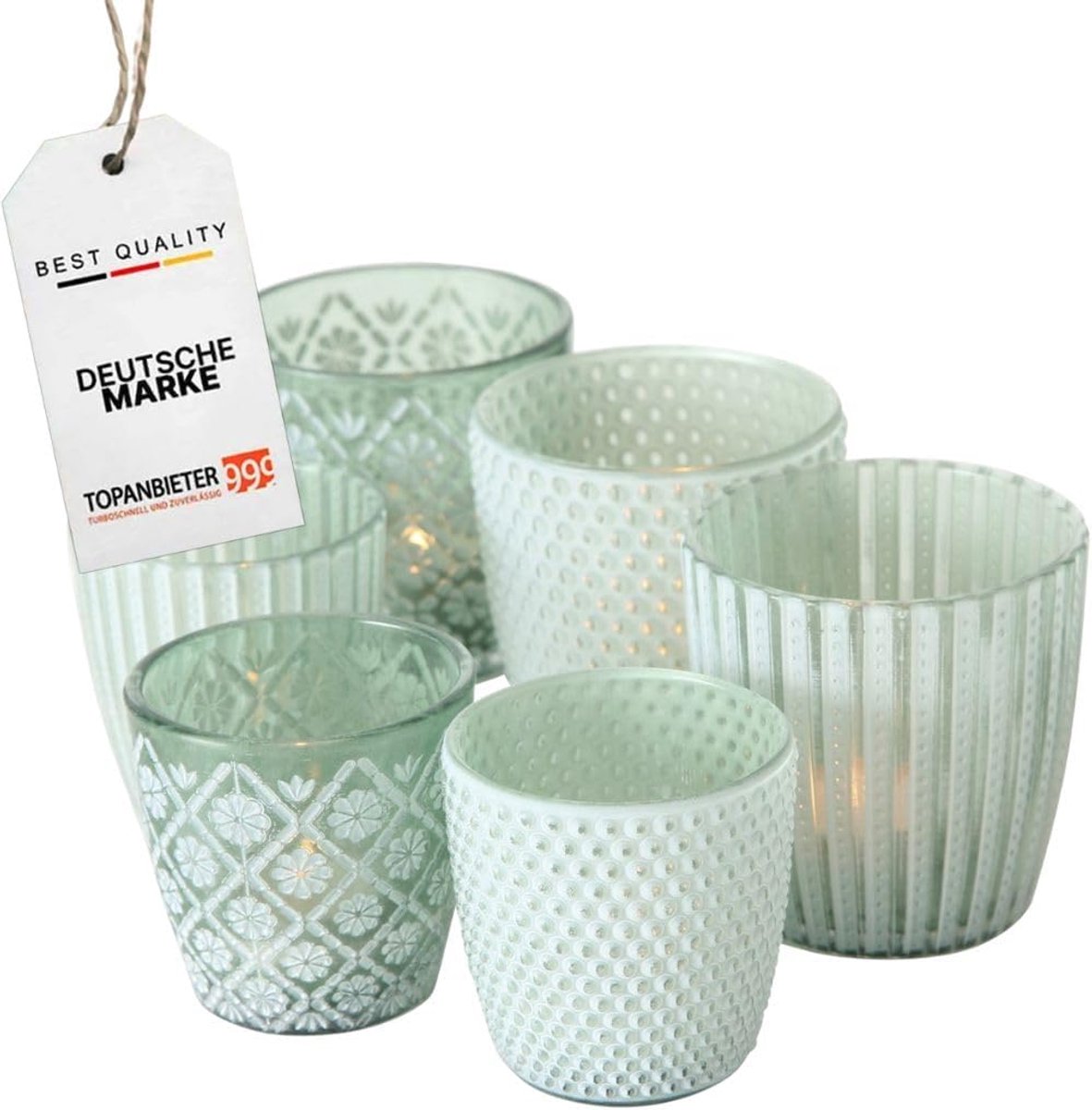 SnelShoppen - 6 x Teelichthouder Set - 3 Designs - 2 Maten - 6.5/8.5 cm Hoog - Groen/Wit - Decoratieve Glazen voor Theelichten & Windlichten, Perfect
