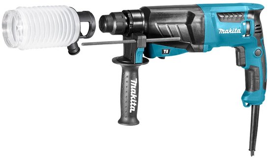 Turquoise en zwarte Makita combihamer met stofopvangkap en extra handvat.