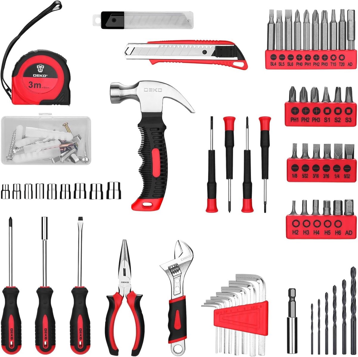 SnelShoppen - Professionele DEKO Tool Box met Elektrische Schroefmachine/Boormachine, 8V Accu, 126-Delige Set, Rood - Perfect voor Kantoor en Tuin