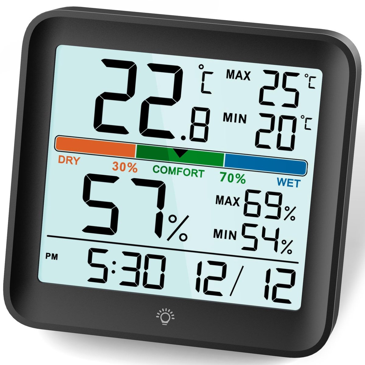 Thijox - Digitale Hygrometer en Thermometer voor Binnen, Temperatuur- en Luchtvochtigheidsmeter met Kalibratie en Touch Nachtlampje (Zwart)