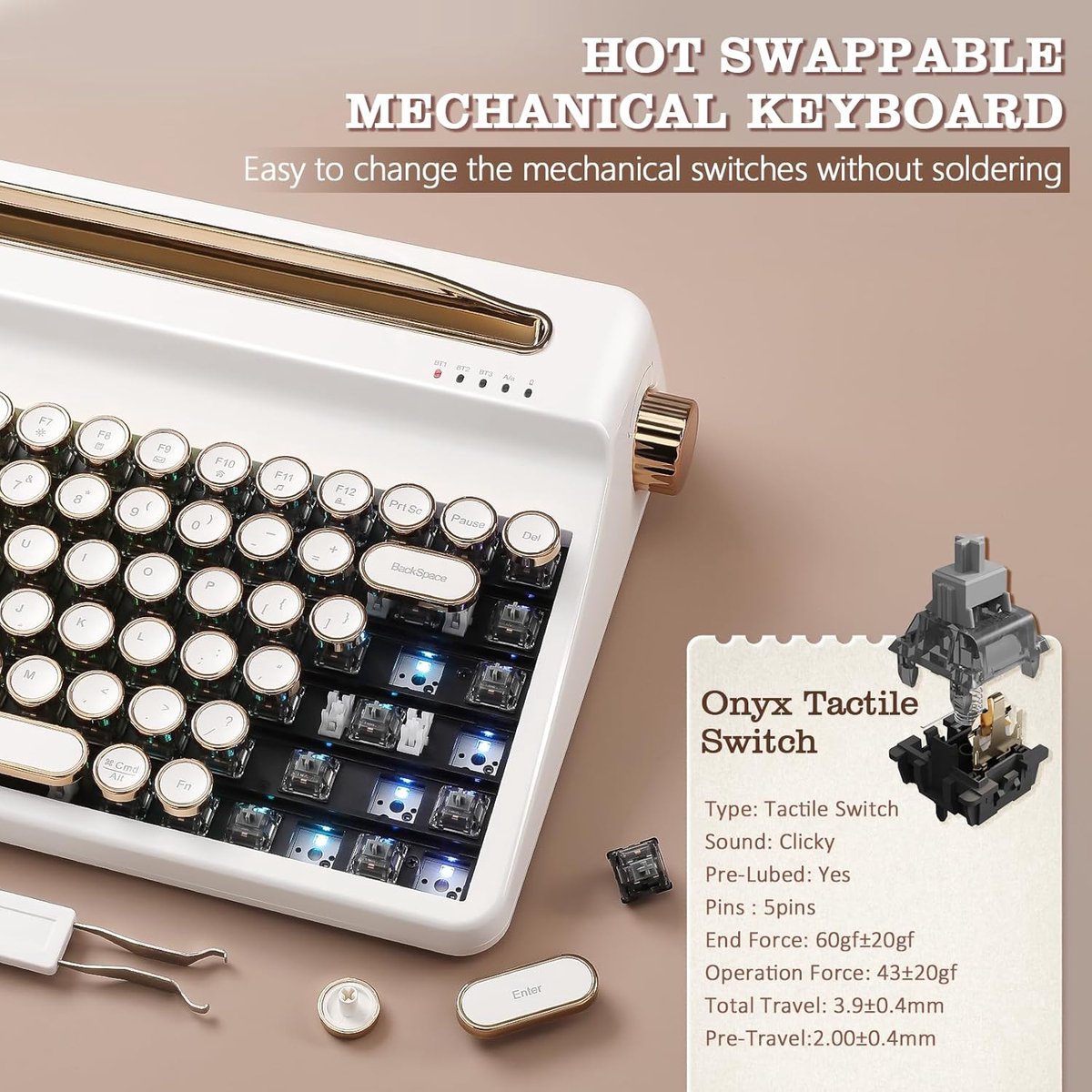 Thijox - Retro Mechanisch Toetsenbord YUNZII QL75 Draadloos Typewriter Toetsenbord RGB Backlit Hot Swappable Multi-Apparaat Wit Onyx Tactile thumbnail 4