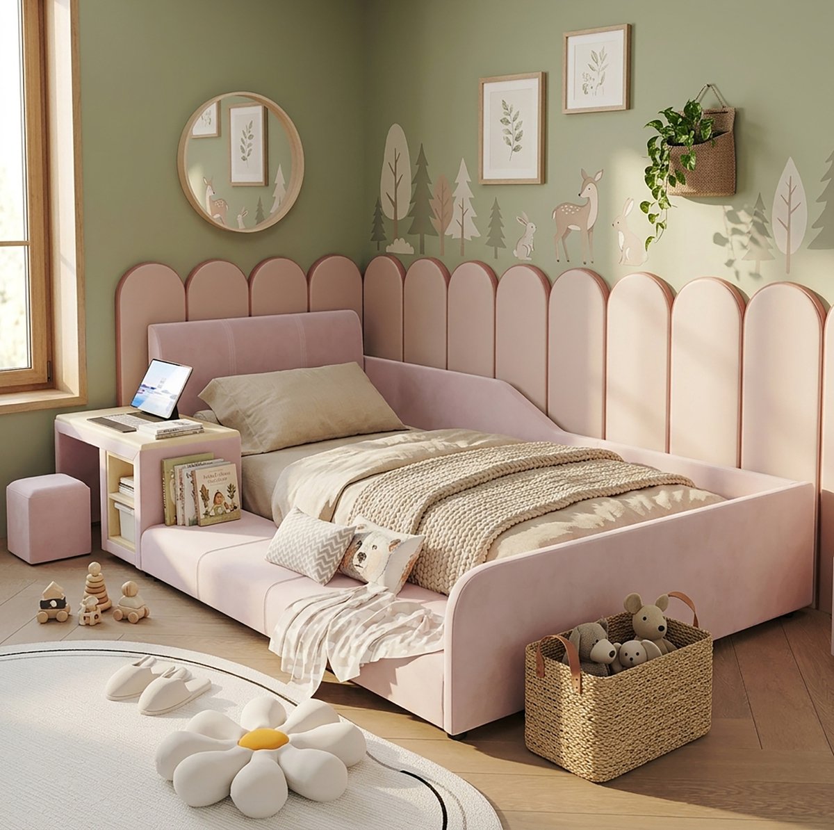 OKWISH Kinderbed 90x200 cm - Met Bureau En Kruk - Met Opbergplank En Zacht Hoofdbord - Eenpersoons Fluwelen Bed Voor Kinderkamer - Roze - Zonder Matras
