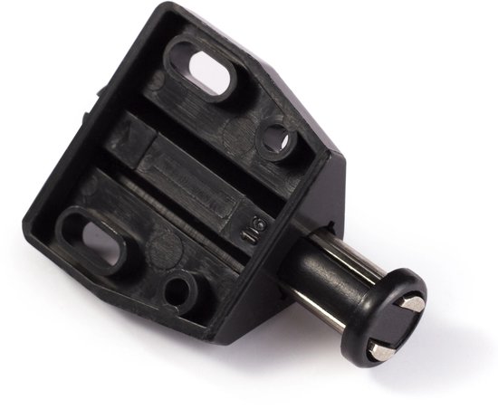 Zwarte kastdeur pusher met metalen tip en schroefgaten. Afmetingen: 56 x 19 x 47 mm.