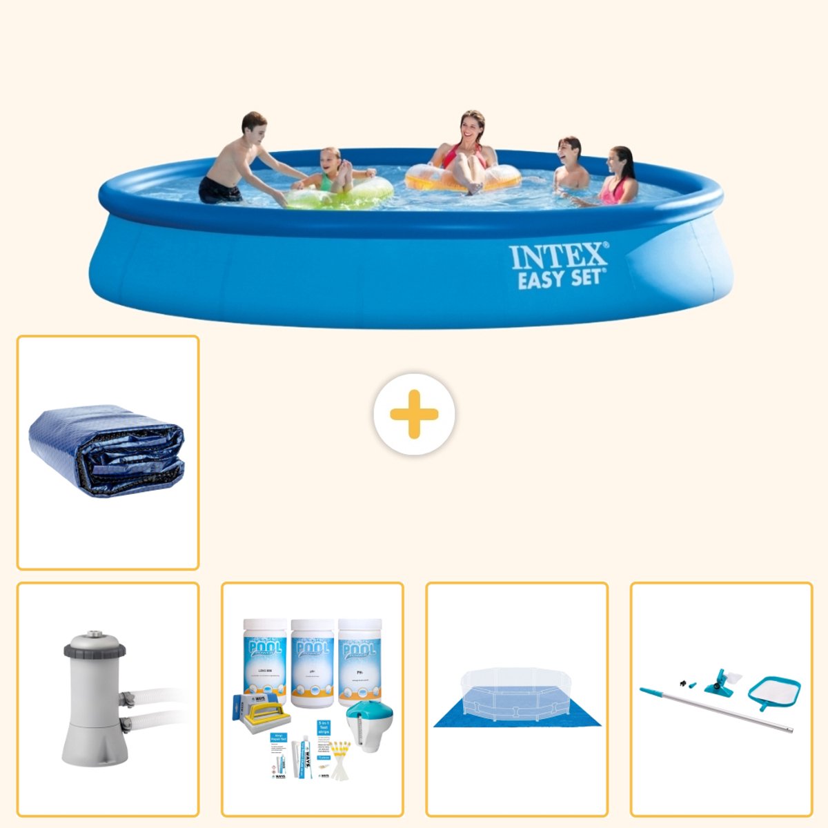 Intex Rond Opblaasbaar Easy Set Zwembad - 457 x 84 cm - Blauw - Inclusief Pomp - Onderhoudspakket - Grondzeil - Schoonmaakset - Solarzeil - 6-delig