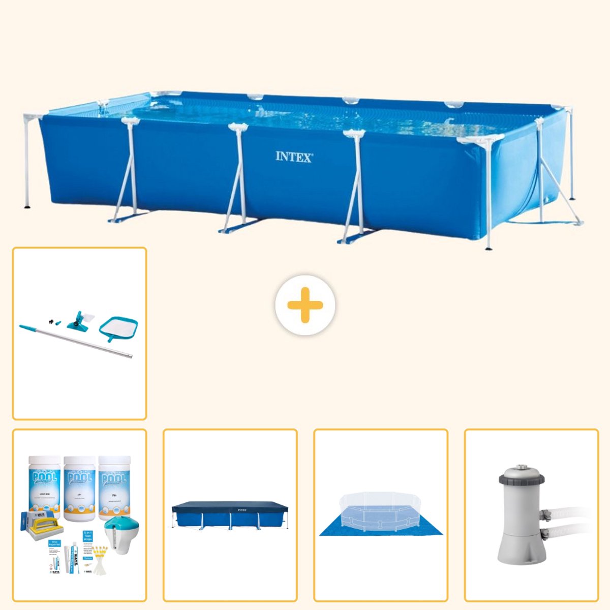 Intex Rechthoekig Frame Zwembad - 450 x 220 x 84 cm - Blauw - Inclusief Onderhoudspakket - Afdekzeil - Grondzeil - Zwembadfilterpomp - Schoonmaakset - 6-delig