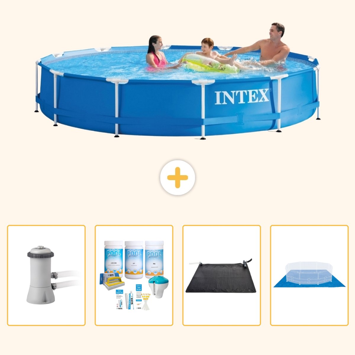 Intex Rond Frame Zwembad - 366 x 76 cm - Blauw - Inclusief Pomp - Onderhoudspakket - Solar Mat - Grondzeil - 5-delig