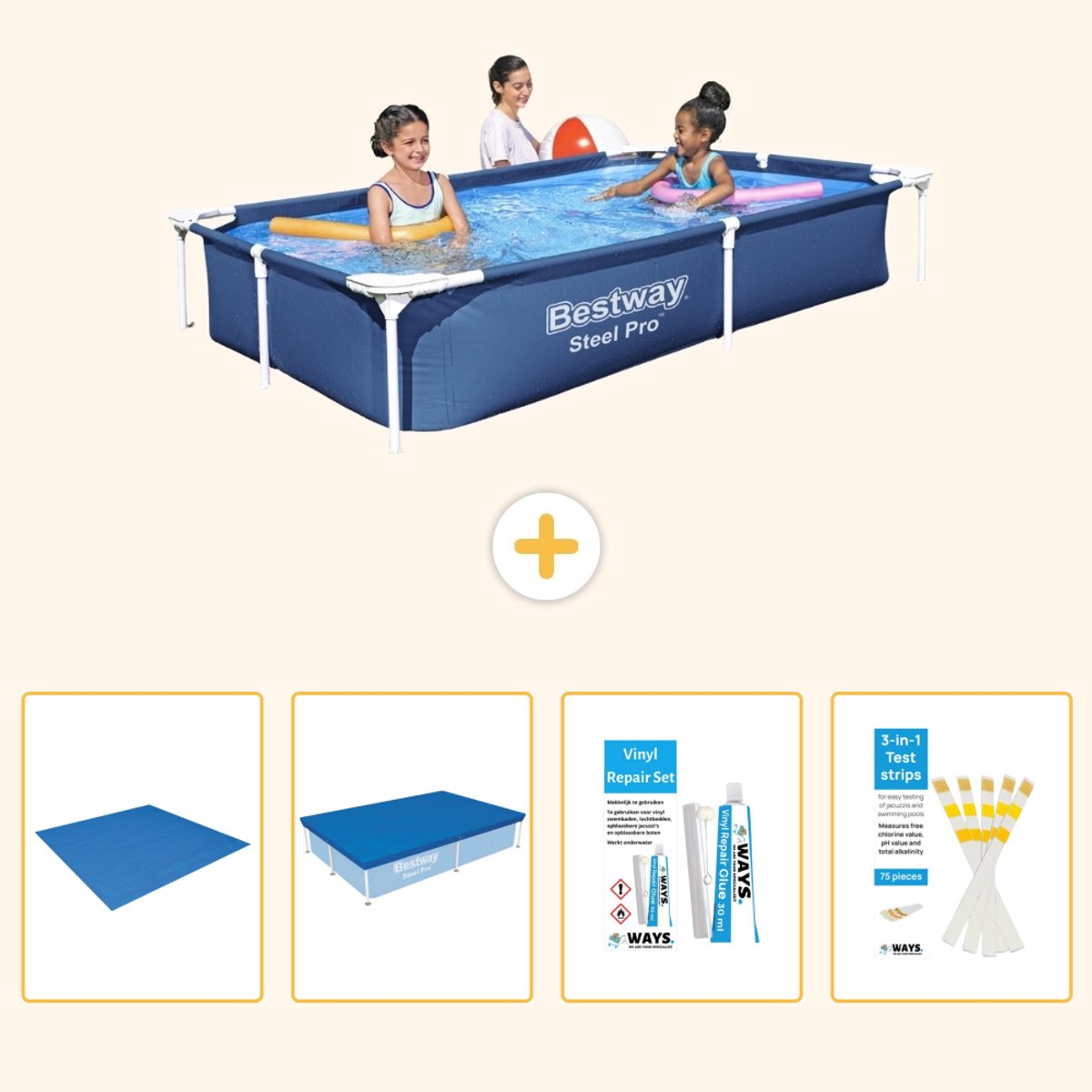 Bestway Rechthoekig Steel Pro Zwembad - 221 x 150 x 43 cm - Blauw - Inclusief Grondzeil - Afdekzeil - Reparatiesetje - Testrips - 5-delig