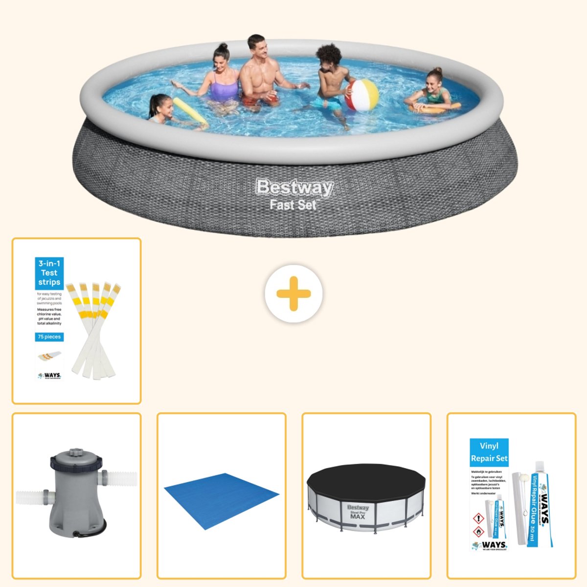 Bestway Rond Opblaasbaar Fast Set Zwembad - Rotanprint - 457 x 84 cm - Inclusief Pomp - Grondzeil - Afdekzeil - Reparatiesetje - Testrips - 6-delig