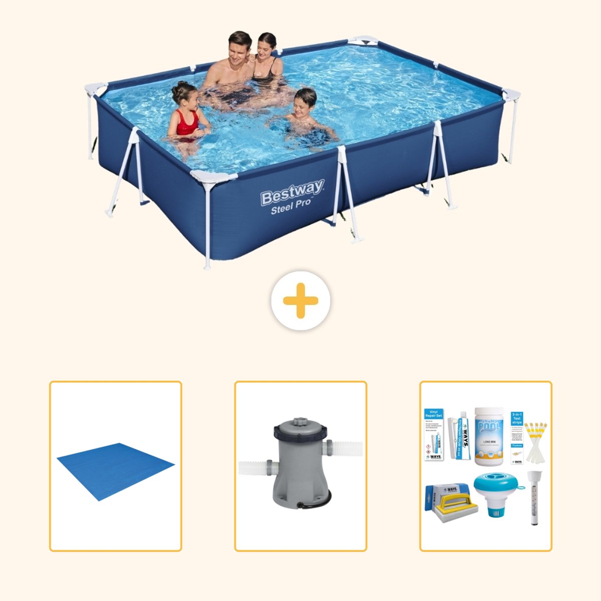 Bestway Rechthoekig Steel Pro Zwembad - 300 x 201 x 66 cm - Blauw - Inclusief Grondzeil - Zwembadfilterpomp - Onderhoudspakket - 4-delig