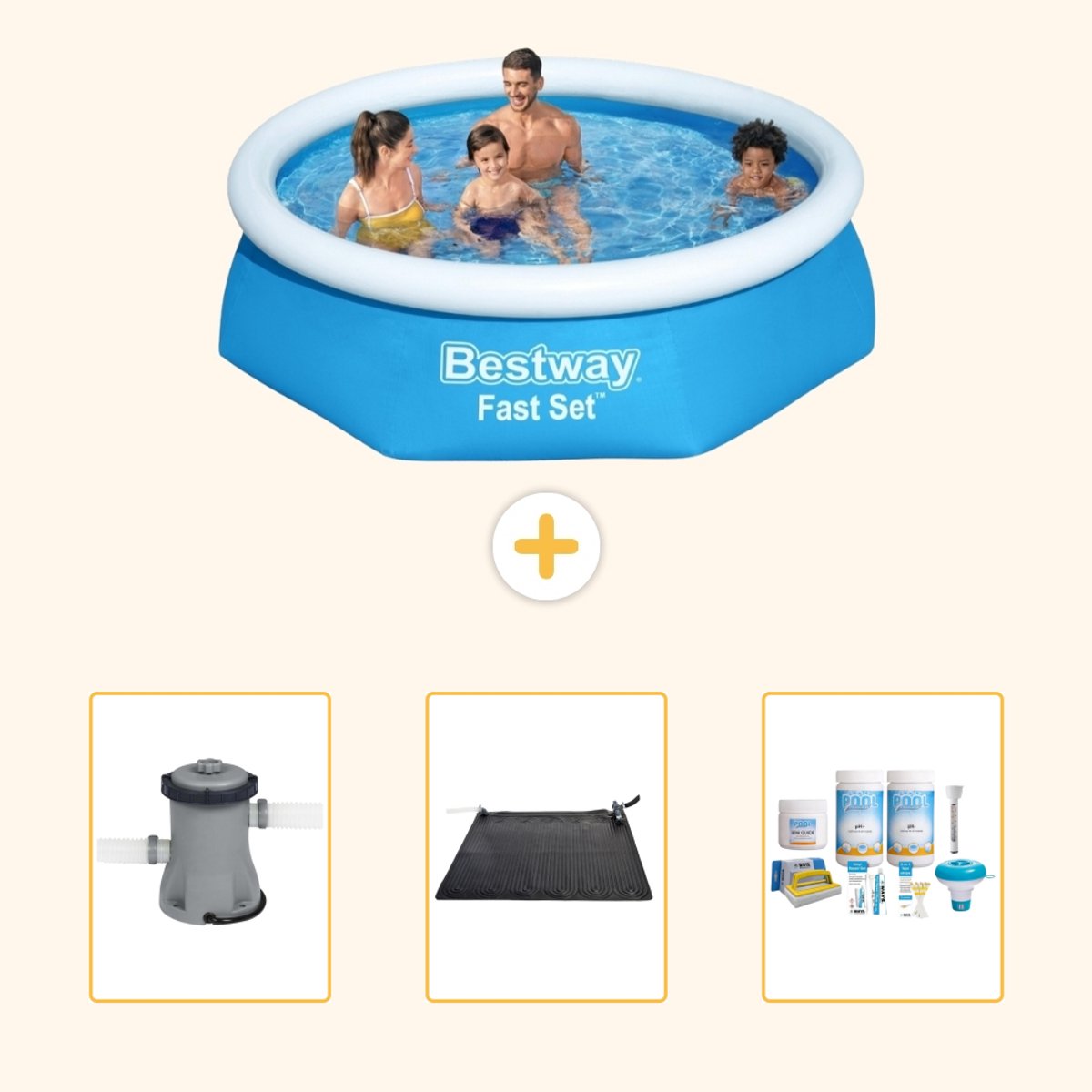 Bestway Rond Opblaasbaar Fast Set Zwembad - 244 x 61 cm - Blauw - Inclusief Pomp - Solar Mat - Onderhoudspakket - 4-delig