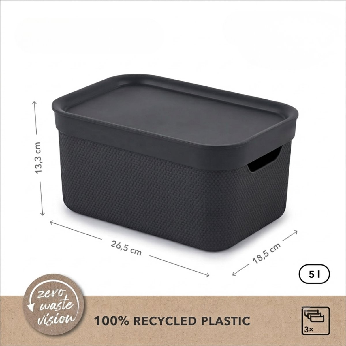 SP® Opbergbox - Set van 3 Decoratieve Opbergdozen - Opbergdozen - Zwart - 27cm x 19cm x 14cm