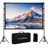 LumeWorks projectiescherm van 100 inch met statief, draagtas en touwen.