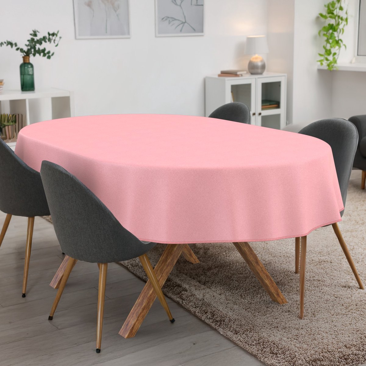 ANRO Tafelkleed Effen linnenlook Roze Ovaal 240x140cm Met sierband Afwasbaar Waterafstotend