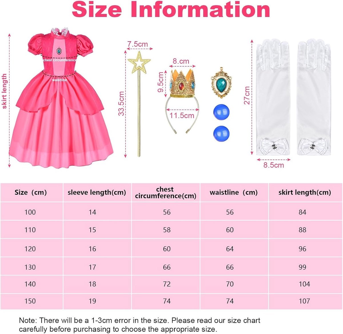 Roze Prinsessen Kostuum voor Meisjes, 6-delige Set met Tiara, Oorbellen, Handschoenen en Broche, Perfect voor Feestjes en Verkleedpartijen