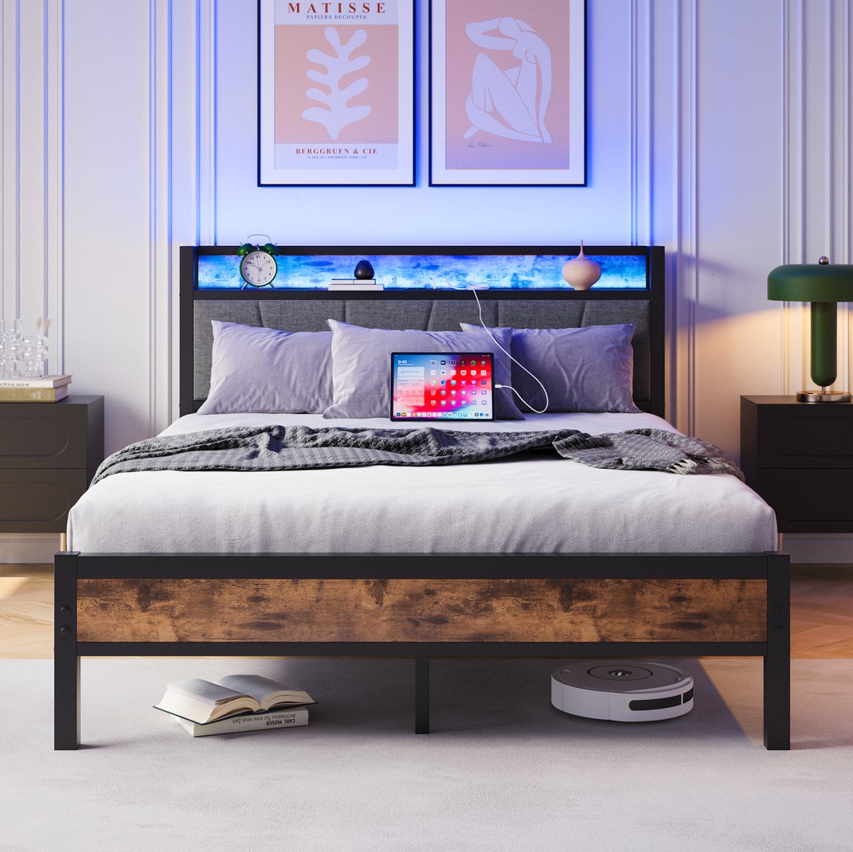 STILVORA Bed 140x200 cm – Ledverlichting En Usb-Laadstation – Opberghoofdbord En Lattenbodem – Zonder Matras – Metaal En MDF – Antiekbruin