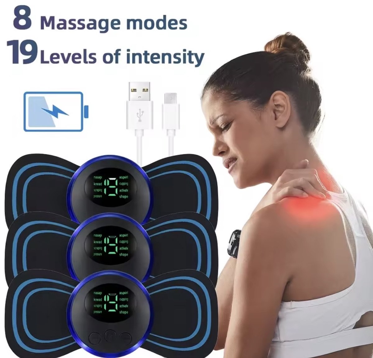 Insmart Massage - Massage apparaat - 8 modi - 19 standen - Klein en eenvoudig - Pulstechnologie - Lage frequentie - Multifunctioneel - E3.1
