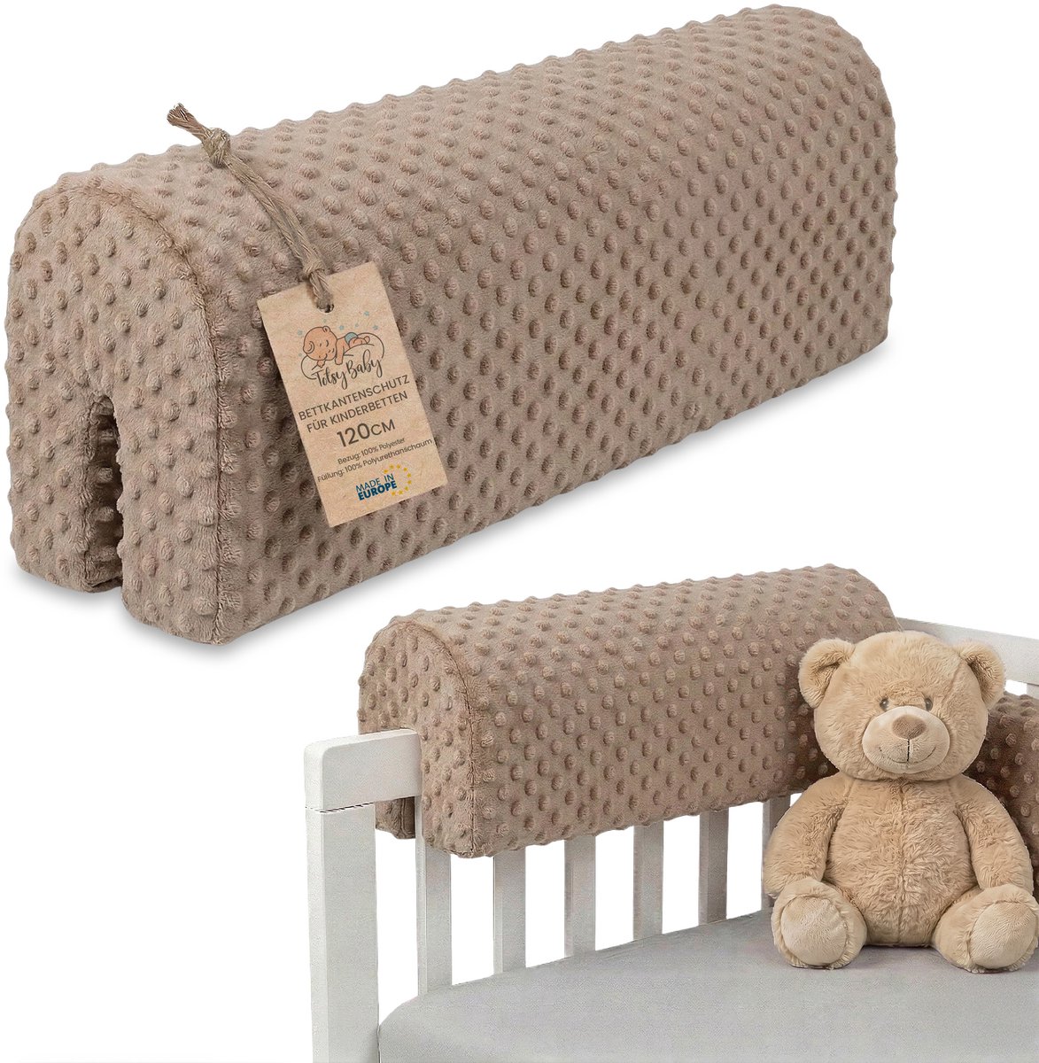 Bedrandbescherming voor kinderbedden 120 cm - bescherming voor bedframe babybed valbescherming voor boxspringbed bedrail met hoesrandbescherming kinderbabybedje Oeko-Tex Beige