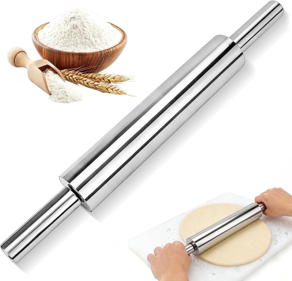 SnelShoppen - RVS Deegroller met Anti-aanbaklaag - Draaiende Deegroller 43 cm voor Fondant, Pizza, Brood, Taart en Deeg - Robuuste Bakaccessoires voor