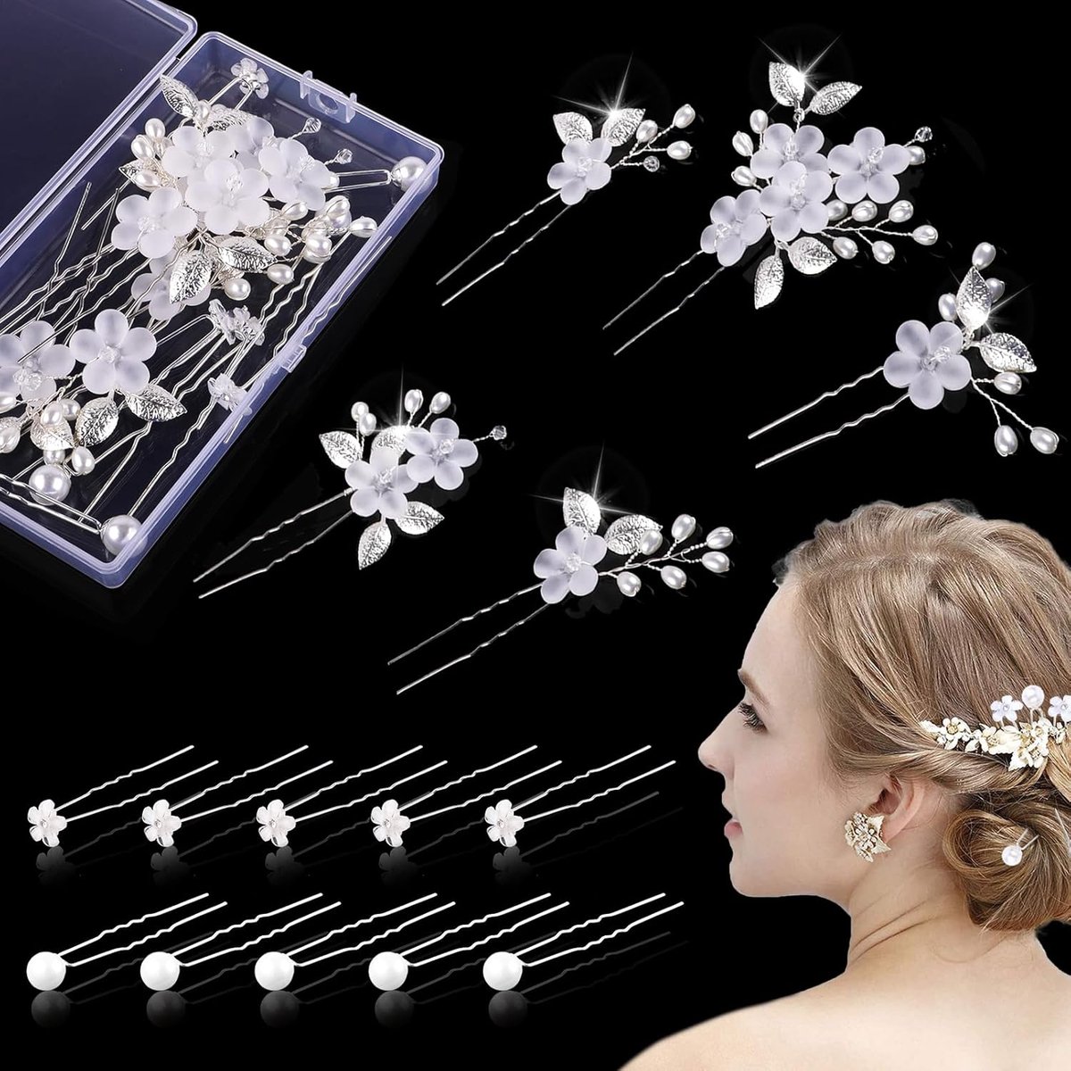 Thijox - 15 stuks haaraccessoires set voor bruiloft, haarspelden met parels en bloemen, U-vormige strass haarspelden, zilver, 3 stijlen voor bruid en