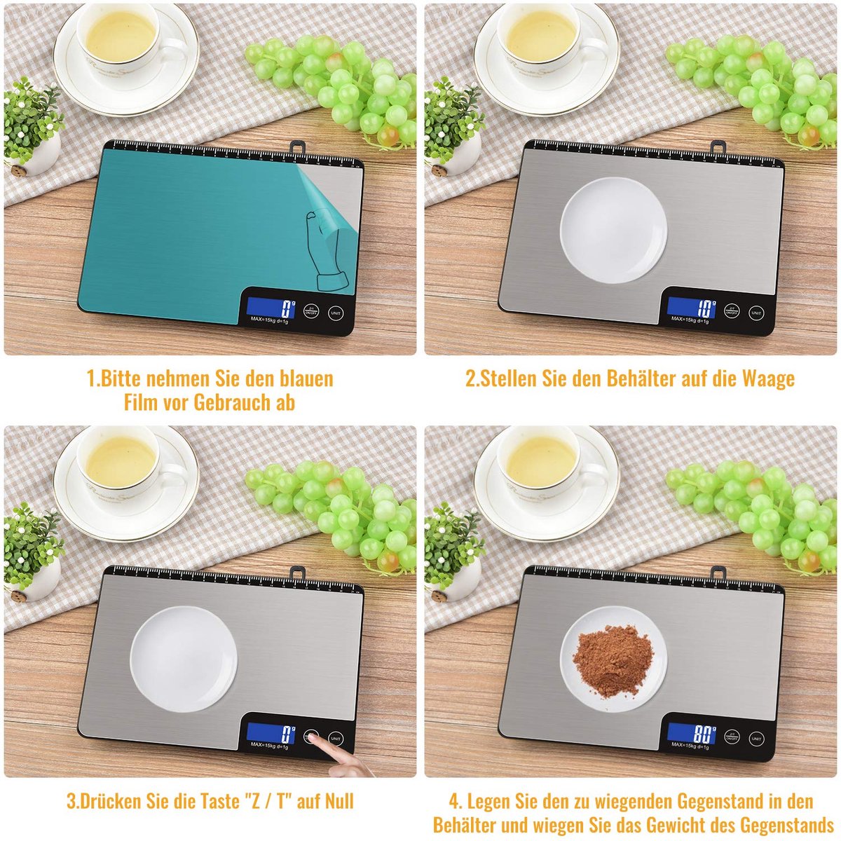 SnelShoppen - Digitale Keukenweegschaal 15 kg - Professionele Roestvrijstalen Weegschaal met LCD-Display, Ophangbaar, 6 Eenheden, Tarra-Functie voor K