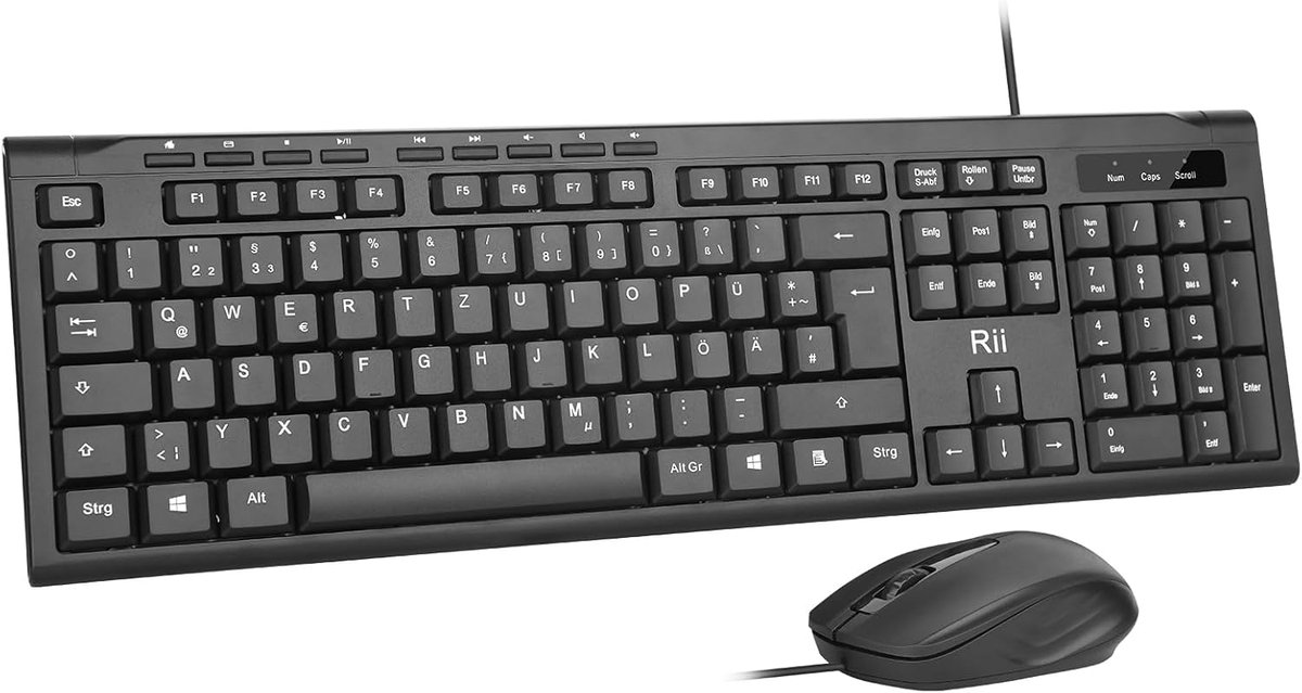 SnelShoppen - Ergonomisch Bekabeld Toetsenbord en Muis Set voor PC/Laptop, Spatwaterdicht, USB-aansluiting, Duitse QWERTZ-lay-out, Ideaal voor Kantoor