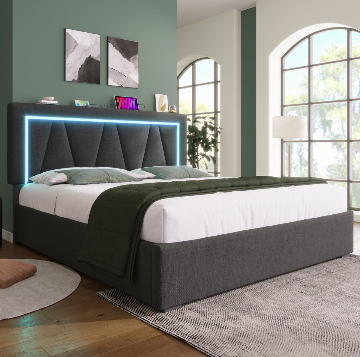 OKWISH Gestoffeerd Bed 160x200 cm - USB C en Ledverlichting - Verstelbaar Hoofdbord met Opbergruimte - Tweepersoons Stofbed - Grijs - Met Matras