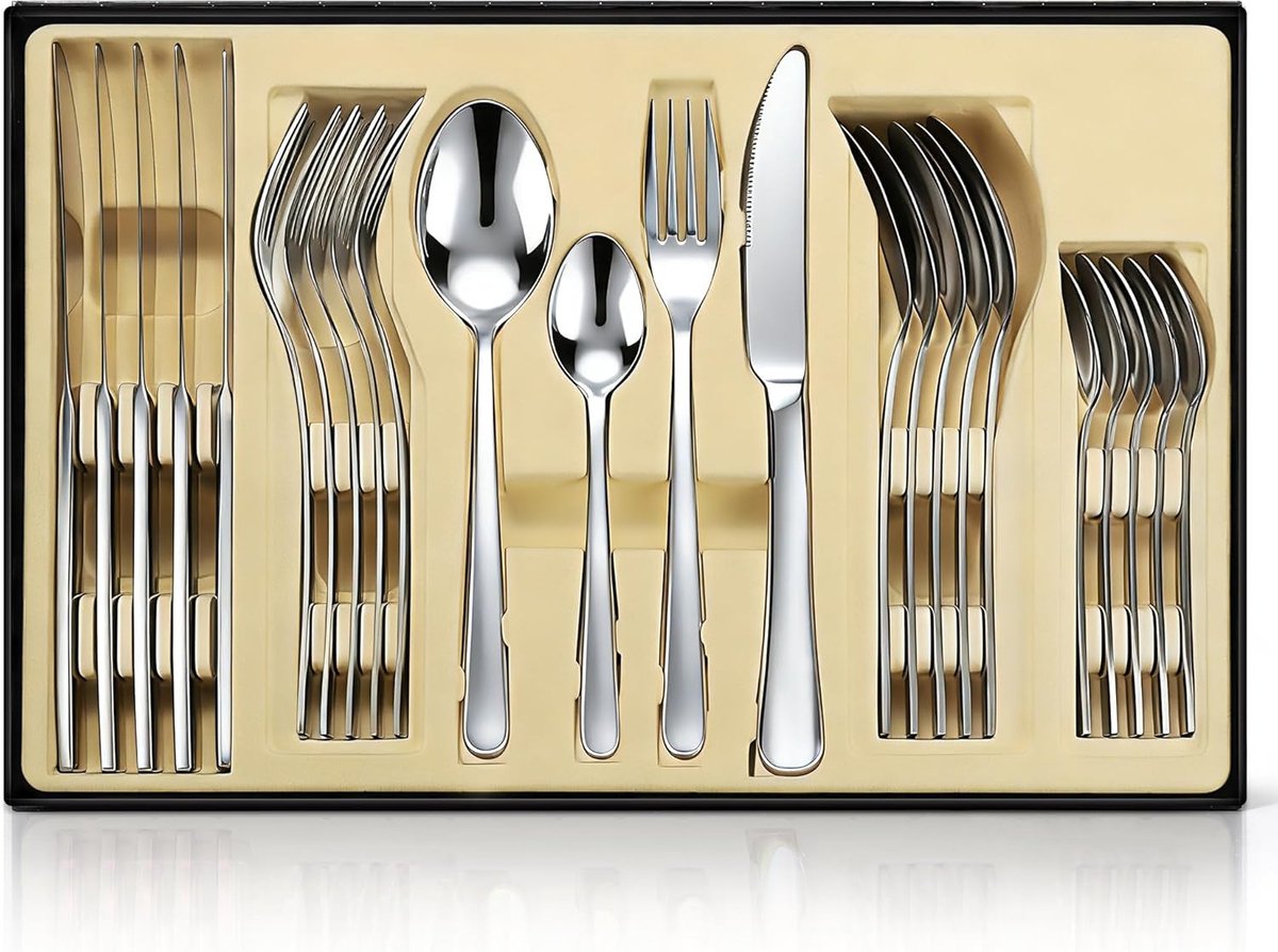 SnelShoppen - 24-Delig Bestekset voor 6 Personen, RVS Tafelgerei Set, Glanzend Zilver, Keuken Servies voor Feest, Restaurant en Thuis, Inclusief Cadea