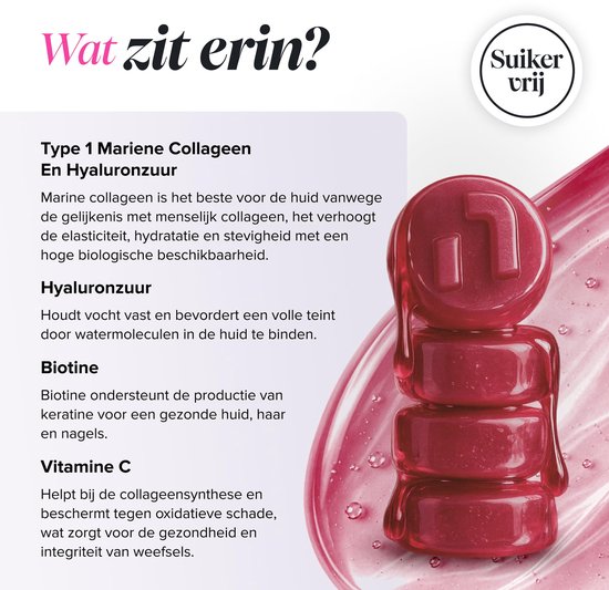 Gestapelde rode gummies met het Novomins logo. Tekst over Type 1 Mariene Collageen, hyaluronzuur, biotine en vitamine C.