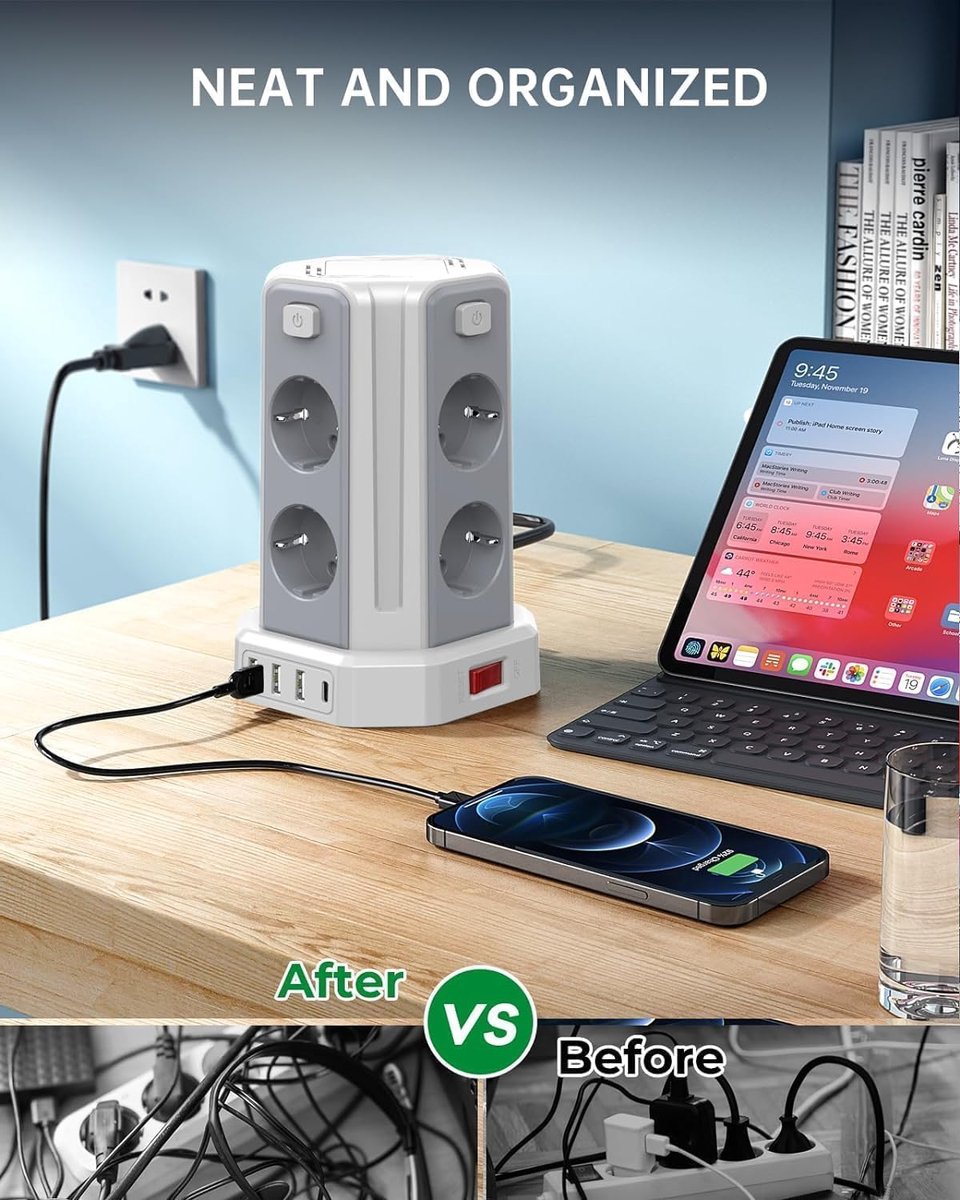 Thijox - Stekkerdoos met 4 USB, 8-voudig Stopcontact, Overspanningsbeveiliging, Schakelaar, 2 m Verlengkabel, Stekkertoren voor Thuis, Kantoor, Feest,