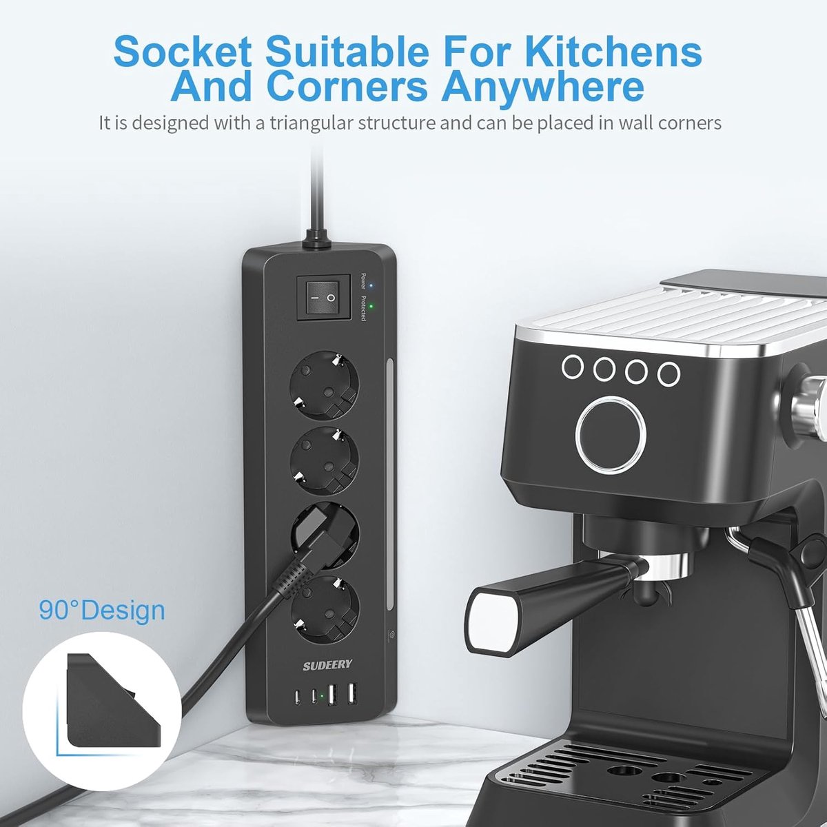 SnelShoppen - 8-in-1 Hoek Stopcontactstrip met USB (2 Type-C), 4-Weg Desktop Stopcontact, Meerdere Aansluitingen, Onderbouw Stopcontact met Schakelaar