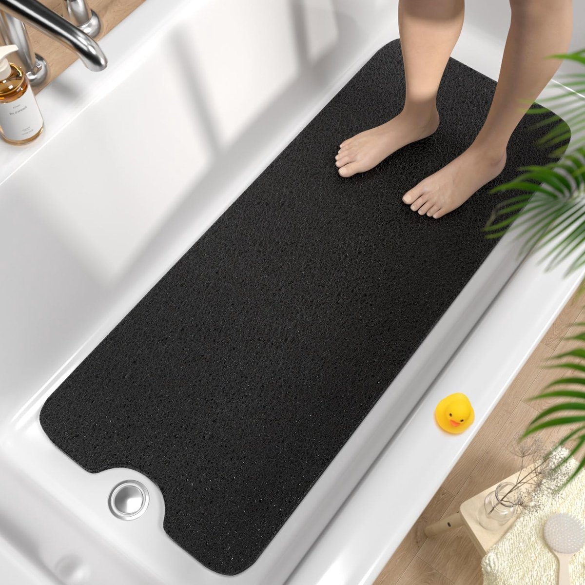 SnelShoppen - HITSLAM Badmat 100x40cm - Extra Lange Antislip Badmat, Zachte PVC Loofah Douchemats, Sneldrogend en Zonder Zuignappen, Zwart