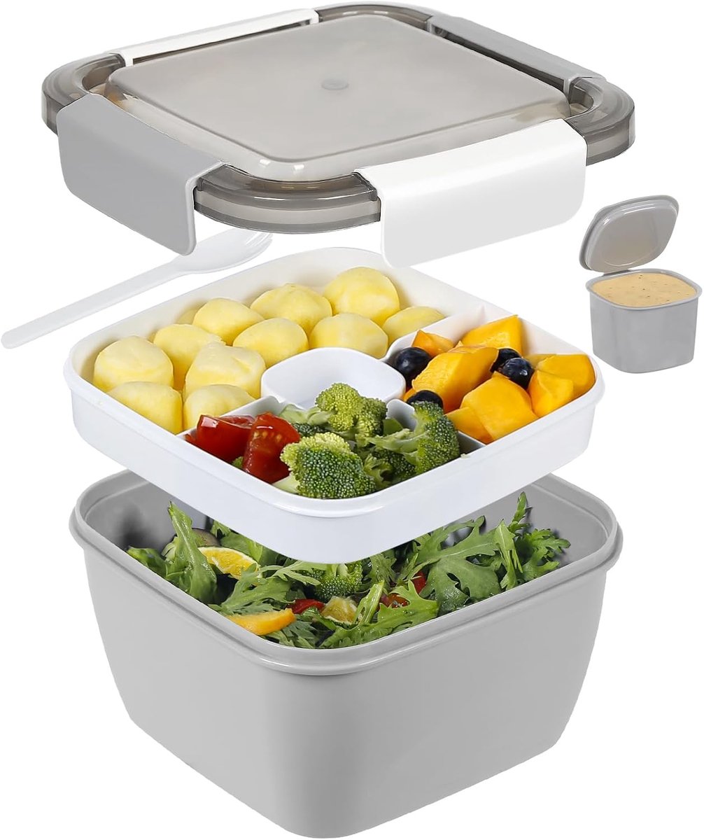 Thijox - 50 oz Lunchcontainer voor Salades en Snacks, BPA-vrij, 3-vaks met Dressing Container en Ingebouwde Lepel, Magnetron Bestendig (Grijs)