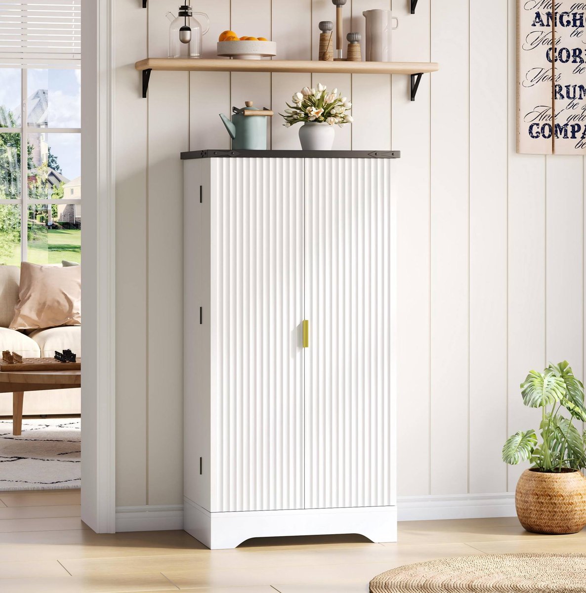 COVREO Keukenkast 120 x 60,5 x 40 cm - met LED-sensorlicht, kruidenrek en verstelbare legplanken